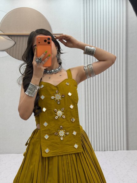Bohemian Mustard Yelllow Readymade Navratri Lehenga Choli with Heavy Handwork Navratri Lehnega Choli