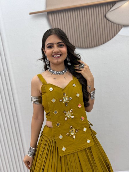 Bohemian Mustard Yelllow Readymade Navratri Lehenga Choli with Heavy Handwork Navratri Lehnega Choli