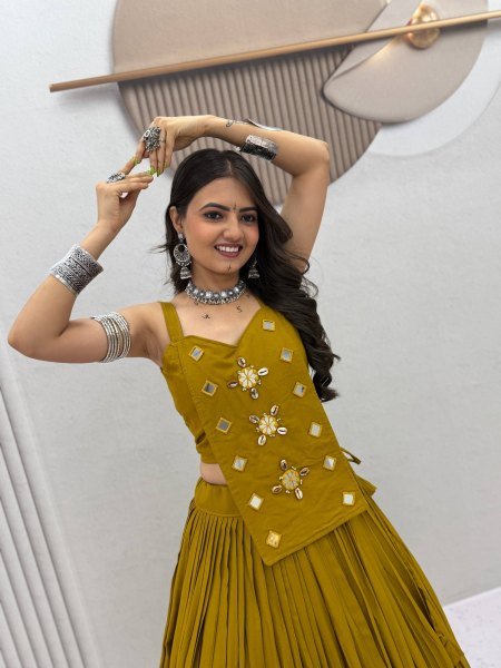Bohemian Mustard Yelllow Readymade Navratri Lehenga Choli with Heavy Handwork Navratri Lehnega Choli