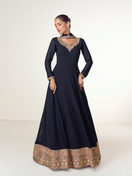 Bohemian Navy Blue Georgette Anarkali Suit with Ornate Embroidery And Dupatta Salwar Kameez