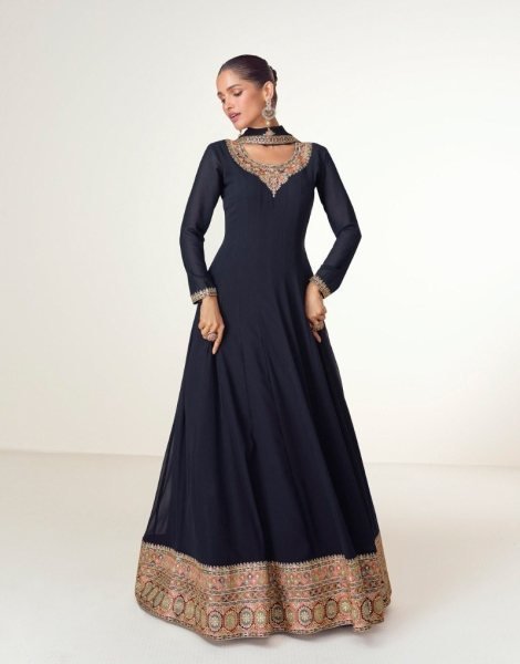 Bohemian Navy Blue Georgette Anarkali Suit with Ornate Embroidery And Dupatta Anarakali Gown Wholesale