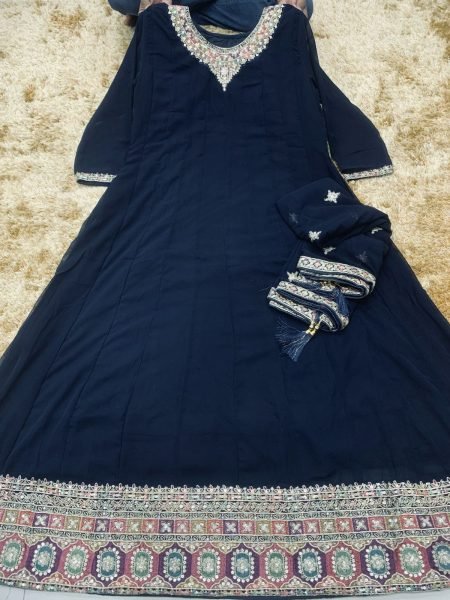 Bohemian Navy Blue Georgette Anarkali Suit with Ornate Embroidery And Dupatta Anarakali Gown Wholesale