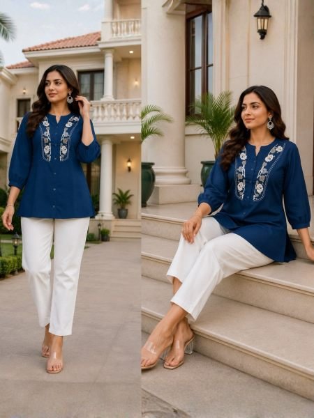Bohemian Navy Blue Trendy Two-Piece Rayon Top Khadi Cotton Pant Set Kurtis