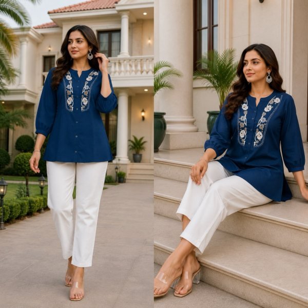 Bohemian Navy Blue Trendy Two-Piece Rayon Top Khadi Cotton Pant Set Tunics kurti