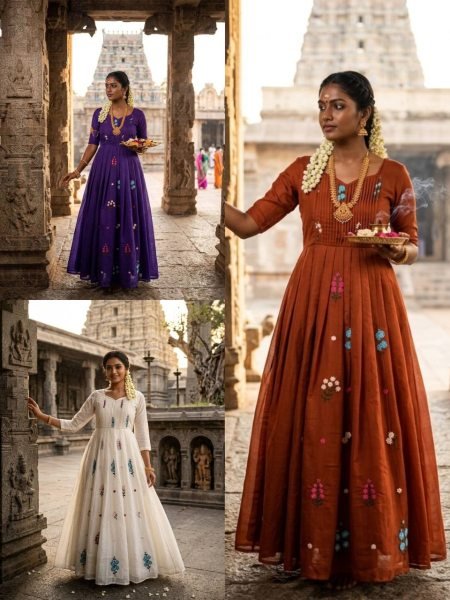 Bohemian Orange Designer Mull Cotton Long Gown with Embroidery Work for Women Anarkali Kurtis 