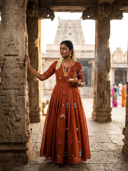 Bohemian Orange Designer Mull Cotton Long Gown with Embroidery Work for Women Anarkali Kurtis 