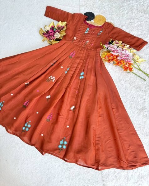 Bohemian Orange Designer Mull Cotton Long Gown with Embroidery Work for Women Anarkali Kurtis 