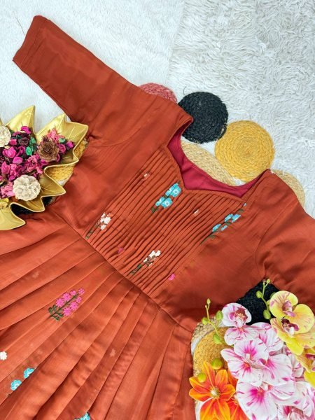 Bohemian Orange Designer Mull Cotton Long Gown with Embroidery Work for Women Anarkali Kurtis 