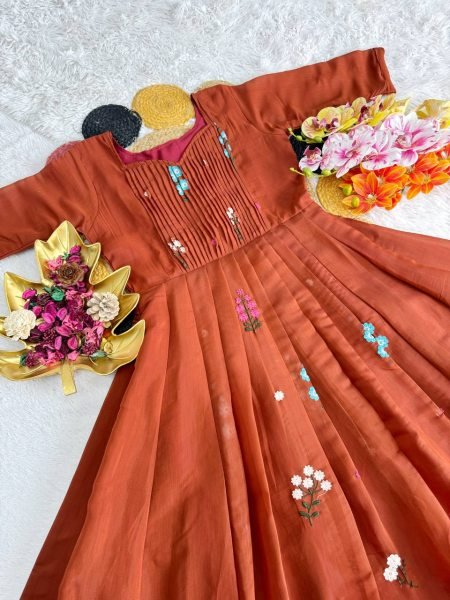 Bohemian Orange Designer Mull Cotton Long Gown with Embroidery Work for Women Anarkali Kurtis 