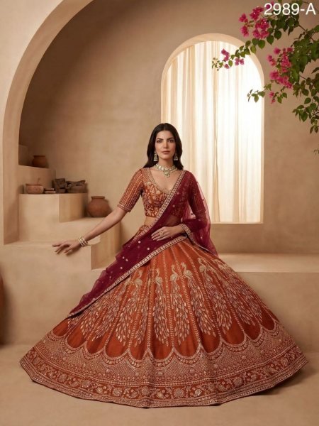 Bohemian Orange Gadhwal Silk Premium Embroidered Bridal Lehenga Choli  Lehenga