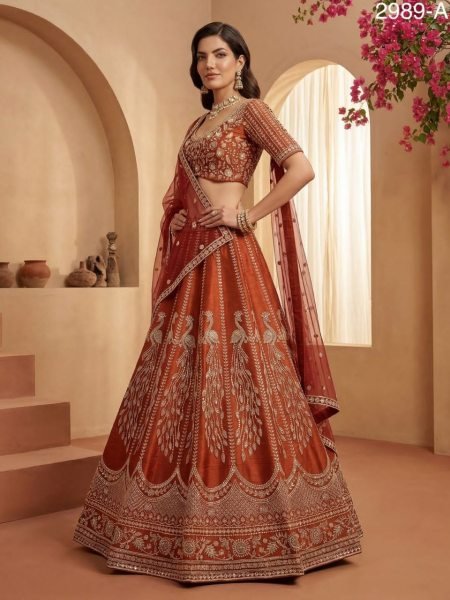 Bohemian Orange Gadhwal Silk Premium Embroidered Bridal Lehenga Choli Bridal Lehenga Choli