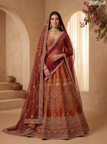 Bohemian Orange Gadhwal Silk Premium Embroidered Bridal Lehenga Choli Bridal Lehenga Choli