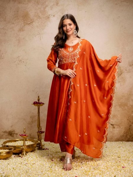 Bohemian Orange Women's Heavy Vichitra Silk Embroidered Suit with Matching Dupatta 