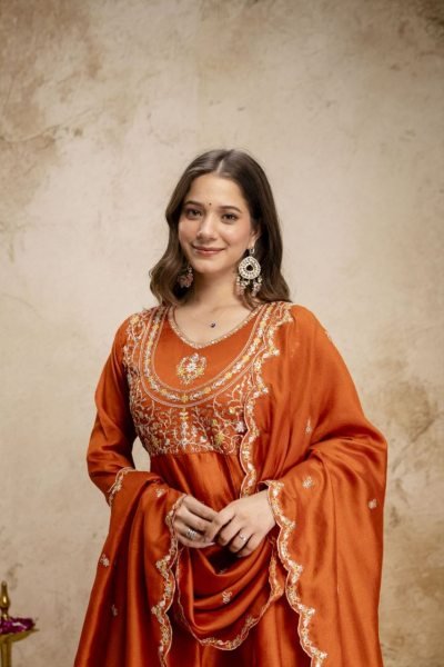 Bohemian Orange Women's Heavy Vichitra Silk Embroidered Suit with Matching Dupatta Embroidery Kurtis 