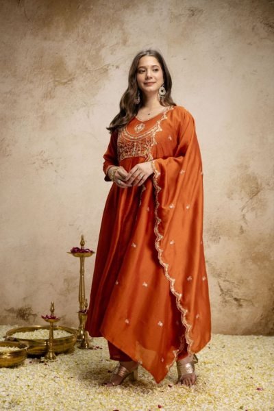Bohemian Orange Women's Heavy Vichitra Silk Embroidered Suit with Matching Dupatta Embroidery Kurtis 