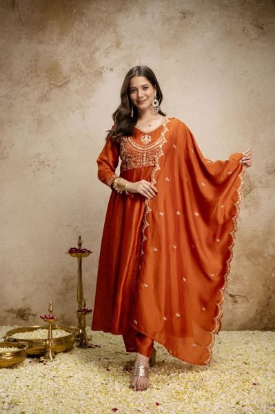 Bohemian Orange Women's Heavy Vichitra Silk Embroidered Suit with Matching Dupatta Embroidery Kurtis 