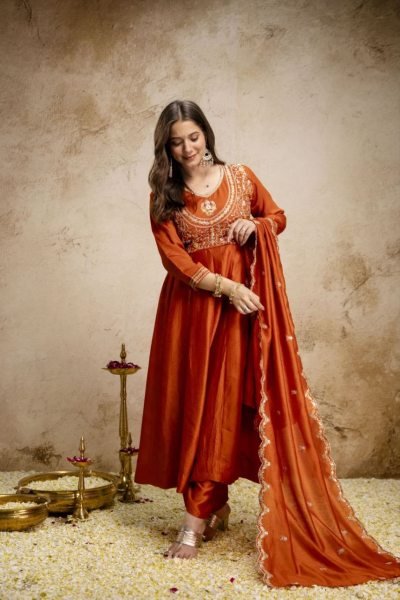 Bohemian Orange Women's Heavy Vichitra Silk Embroidered Suit with Matching Dupatta Embroidery Kurtis 