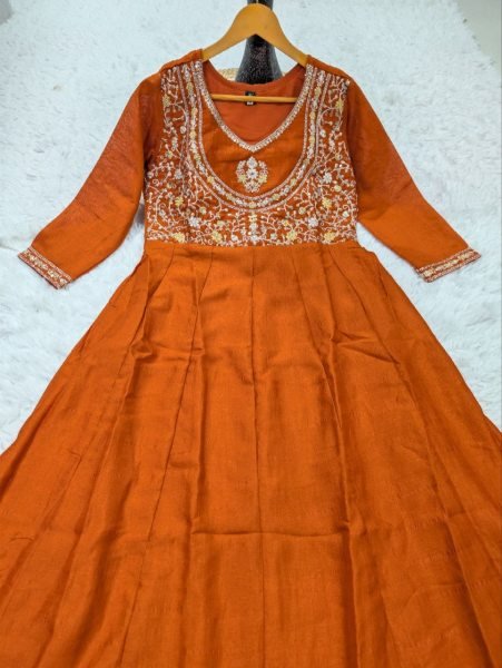 Bohemian Orange Women's Heavy Vichitra Silk Embroidered Suit with Matching Dupatta Embroidery Kurtis 