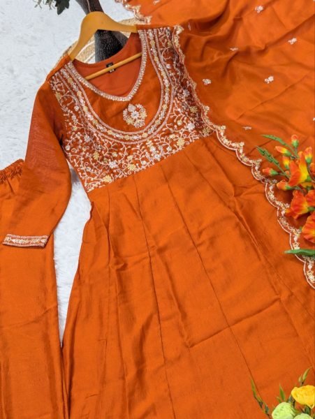 Bohemian Orange Women's Heavy Vichitra Silk Embroidered Suit with Matching Dupatta Embroidery Kurtis 