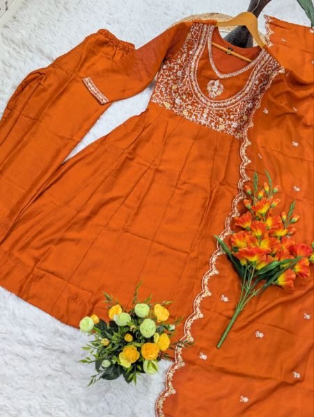 Bohemian Orange Women's Heavy Vichitra Silk Embroidered Suit with Matching Dupatta Embroidery Kurtis 