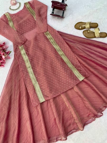 Bohemian Peach Heavy Salsa Crush Lehenga Choli with Fancy Lace Work at Manufacturer  Ready To Wear Collection