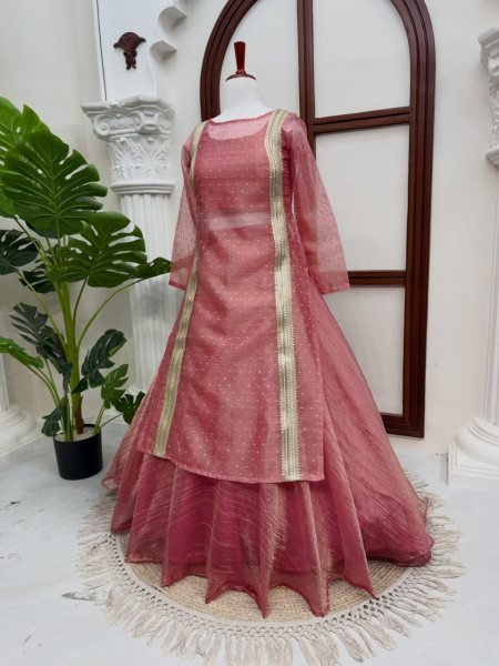 Bohemian Peach Heavy Salsa Crush Lehenga Choli with Fancy Lace Work at Manufacturer  Ready To Wear Collection