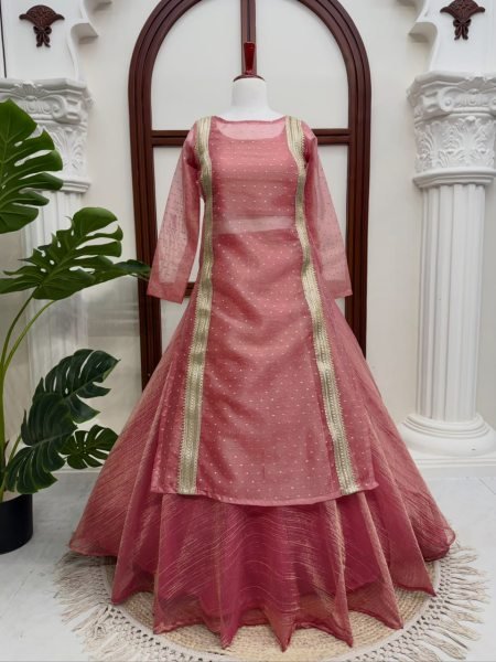 Bohemian Peach Heavy Salsa Crush Lehenga Choli with Fancy Lace Work at Manufacturer  Ready To Wear Collection