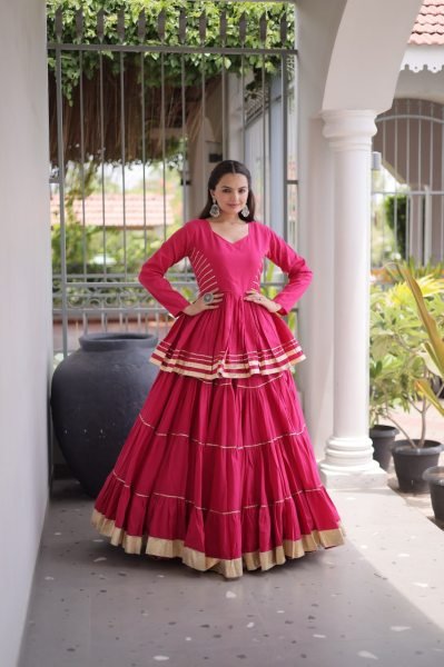 Bohemian Pink Designer Cora Cotton Lehenga with Gota Patti Peplum Top for Garba Nights Ready To Wear Collection