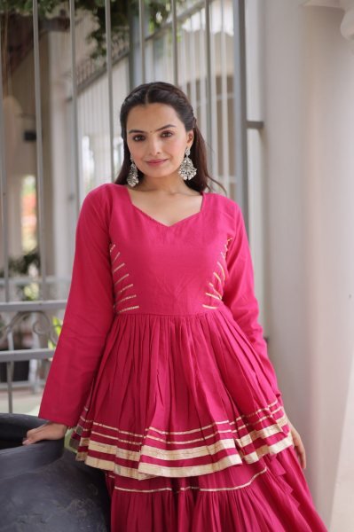 Bohemian Pink Designer Cora Cotton Lehenga with Gota Patti Peplum Top for Garba Nights Ready To Wear Collection