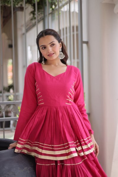 Bohemian Pink Designer Cora Cotton Lehenga with Gota Patti Peplum Top for Garba Nights Ready To Wear Collection