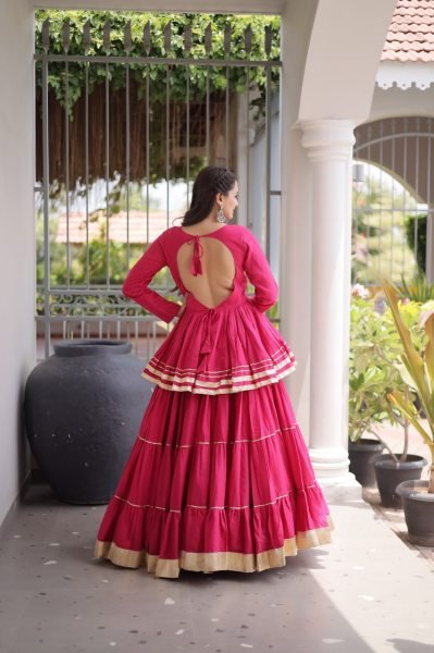 Bohemian Pink Designer Cora Cotton Lehenga with Gota Patti Peplum Top for Garba Nights Ready To Wear Collection