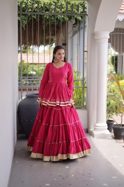Bohemian Pink Designer Cora Cotton Lehenga with Gota Patti Peplum Top for Garba Nights Ready To Wear Collection