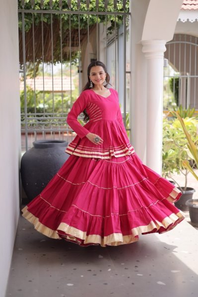 Bohemian Pink Designer Cora Cotton Lehenga with Gota Patti Peplum Top for Garba Nights Ready To Wear Collection