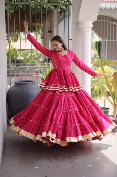 Bohemian Pink Designer Cora Cotton Lehenga with Gota Patti Peplum Top for Garba Nights Ready To Wear Collection