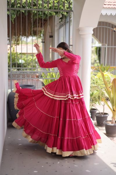 Bohemian Pink Designer Cora Cotton Lehenga with Gota Patti Peplum Top for Garba Nights Ready To Wear Collection