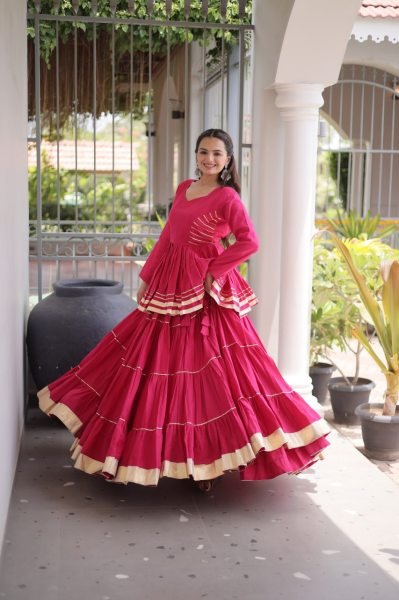 Bohemian Pink Designer Cora Cotton Lehenga with Gota Patti Peplum Top for Garba Nights Ready To Wear Collection