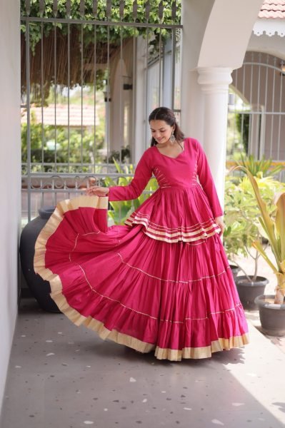 Bohemian Pink Designer Cora Cotton Lehenga with Gota Patti Peplum Top for Garba Nights Ready To Wear Collection