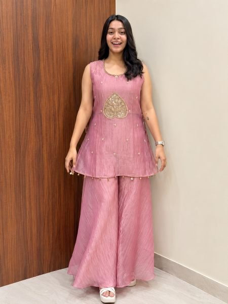 Bohemian Pink Designer Salsa Fabric Top Choli Palazzo Set with Sequin Work Kurtis