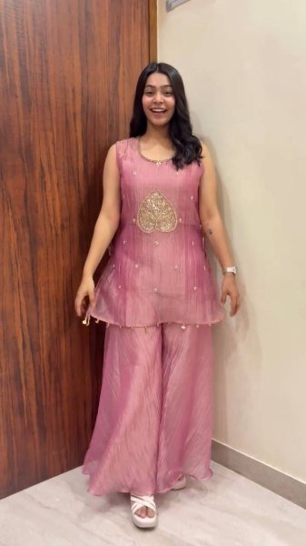 Bohemian Pink Designer Salsa Fabric Top Choli Palazzo Set with Sequin Work 3 Piece Kurti Set