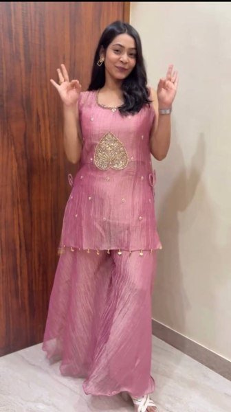 Bohemian Pink Designer Salsa Fabric Top Choli Palazzo Set with Sequin Work 3 Piece Kurti Set