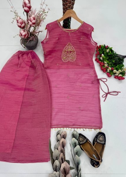 Bohemian Pink Designer Salsa Fabric Top Choli Palazzo Set with Sequin Work 3 Piece Kurti Set