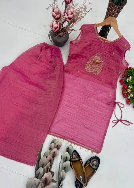 Bohemian Pink Designer Salsa Fabric Top Choli Palazzo Set with Sequin Work 3 Piece Kurti Set