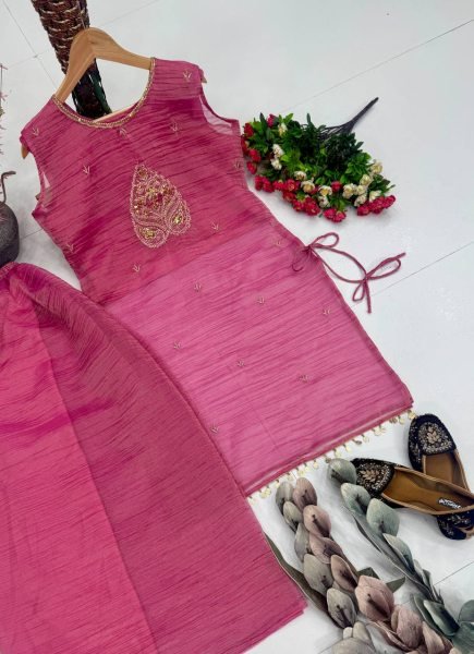 Bohemian Pink Designer Salsa Fabric Top Choli Palazzo Set with Sequin Work 3 Piece Kurti Set