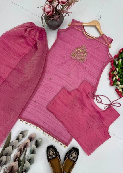 Bohemian Pink Designer Salsa Fabric Top Choli Palazzo Set with Sequin Work 3 Piece Kurti Set