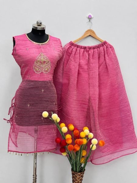 Bohemian Pink Designer Salsa Fabric Top Choli Palazzo Set with Sequin Work 3 Piece Kurti Set