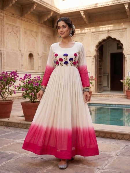Bohemian Pink Embroidered Georgette Gown for Wedding and Party Functions 