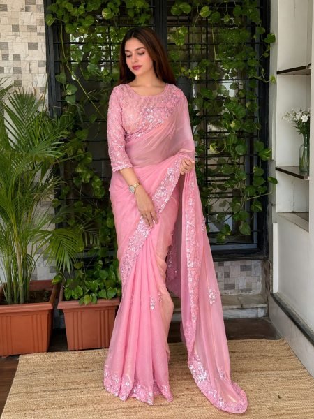 Bohemian Pink Fandy Satin Saree with Heavy Beads Sequins Work and Cutwork Border 