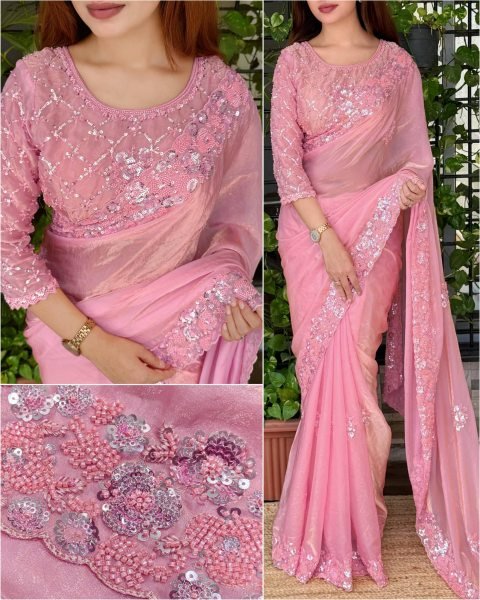 Bohemian Pink Fandy Satin Saree with Heavy Beads Sequins Work and Cutwork Border Designer Wedding Sarees Wholesale