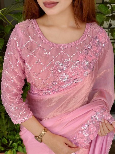 Bohemian Pink Fandy Satin Saree with Heavy Beads Sequins Work and Cutwork Border Designer Wedding Sarees Wholesale