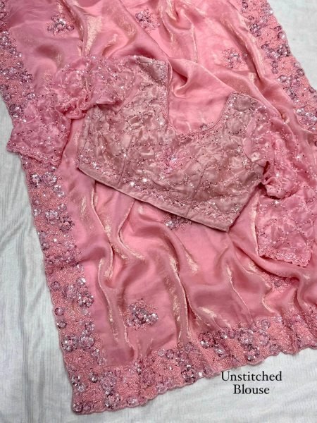 Bohemian Pink Fandy Satin Saree with Heavy Beads Sequins Work and Cutwork Border Designer Wedding Sarees Wholesale